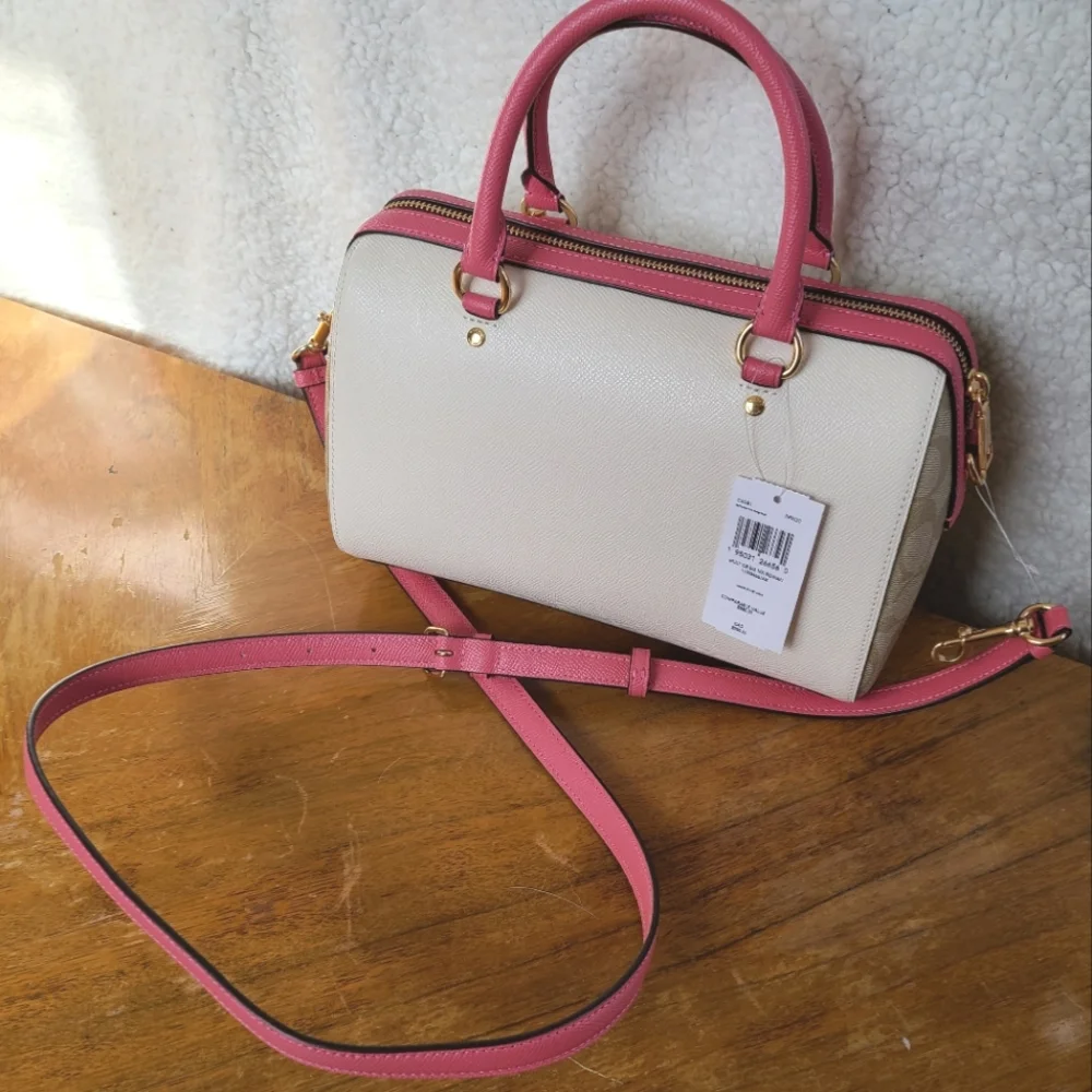NWT Coach Colorblock Rowan Satchel Handbag Ivory/Pink/Red Leather Signature